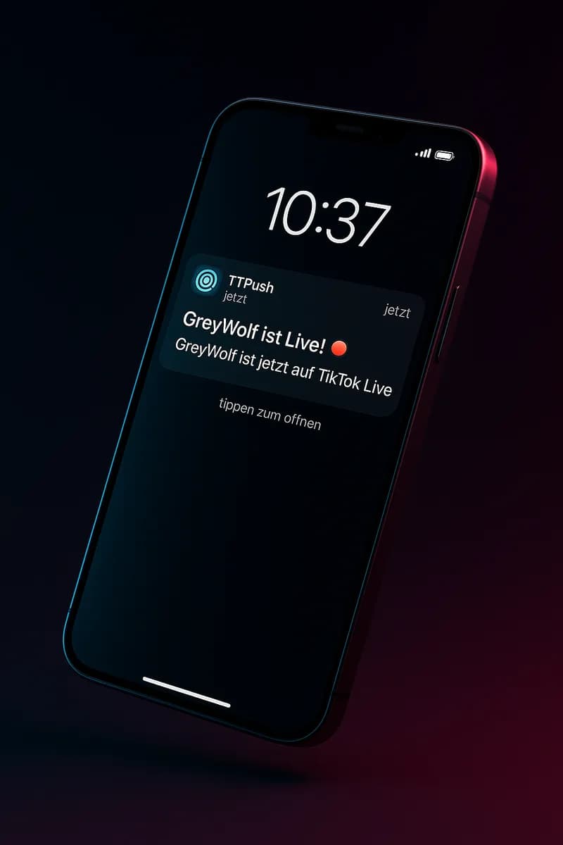 Smartphone-Sperrbildschirm mit einer TTPush-Benachrichtigung: „GreyWolf ist Live!" – GreyWolf ist jetzt auf TikTok Live.