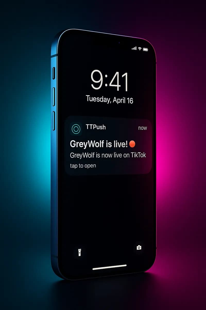 Smartphone lock screen with a TTPush notification: “GreyWolf is live!” – GreyWolf is now live on TikTok.